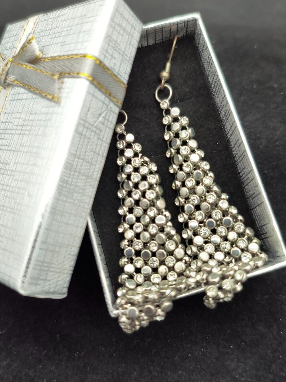 Silver Tone Mesh Rhinestone Dangle Earrings • Sparkly Statement Party Jewelry